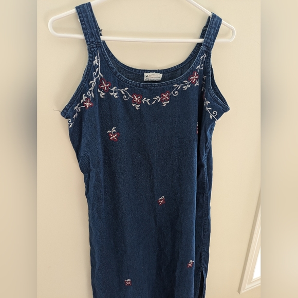 Vintage Cotton Chambray Denim Maxi Sleeveless Dress Artsy Embroidered Size XL - Picture 5 of 7